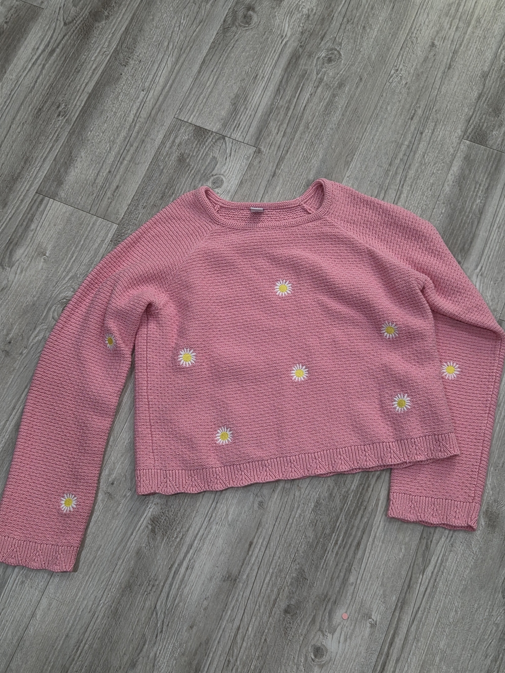 Old Navy Pink Daisy Crewneck Sweater with Embroidered Flowers
